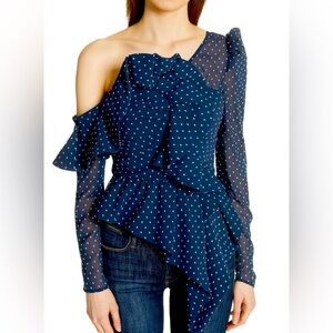 Self-Portrait Navy Polka Dot Asymmetrical Ruffle Plumetis Blouse Size UK6